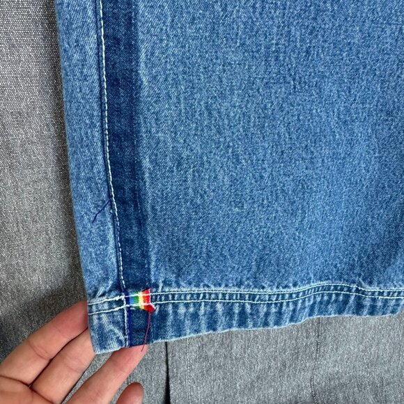 90s Vintage Revolt Blue Denim Rainbow Trim Straight Leg  Utility Overalls Size L - Picture 7 of 16